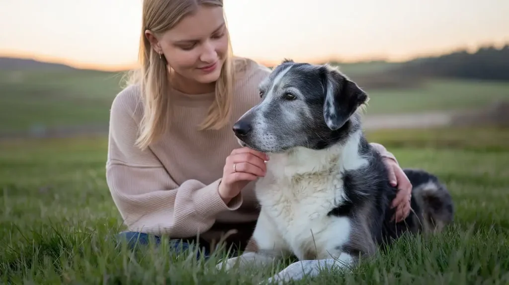 Frau sitzt mit Hund im Gras