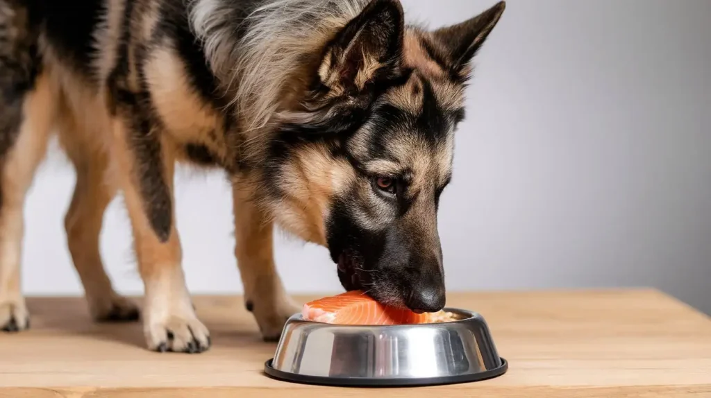 Hund frisst Lachs aus der Schüssel