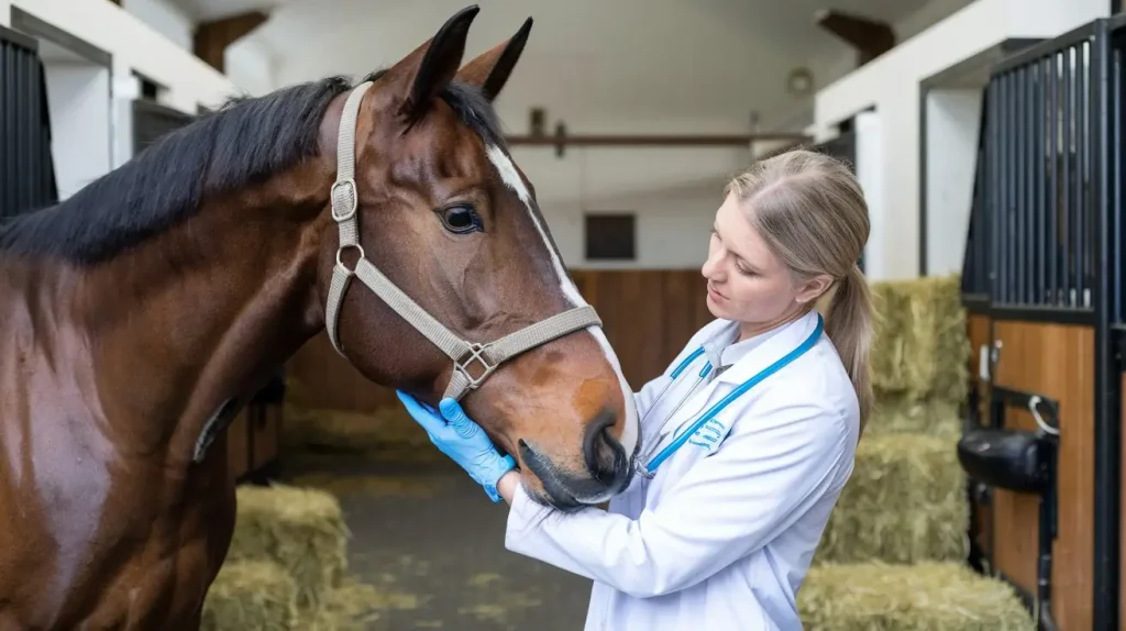 Tieraerztin untersucht Pferd mit Entzündung des Iliosakralgelenks