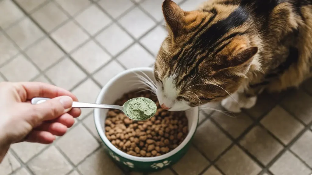 Katze bekommt Grünlippmuschelpulver als Alternative zu Meloxoral