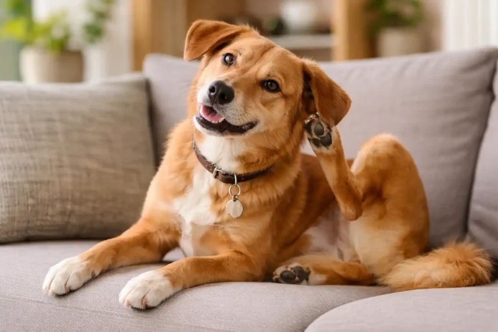 Hund mit Juckreiz liegt auf dem Sofa und kratzt sich