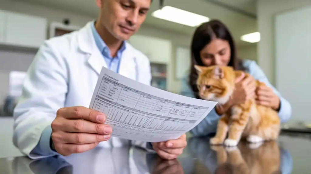 Tierarzt hält Blutbild von krebskranker Katze. Die Katze sitzt auf dem Tisch