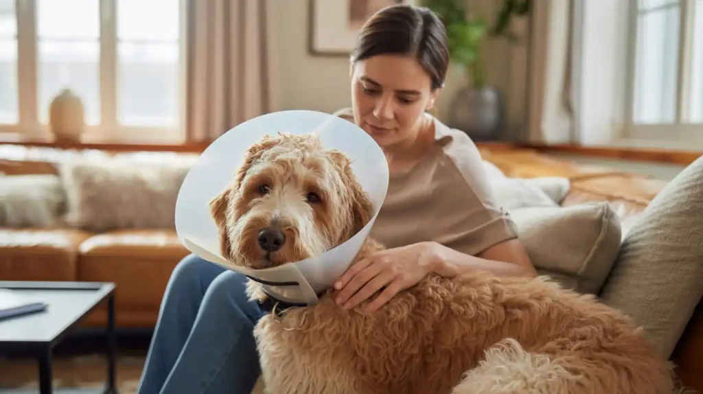 Frau mit Hund, der eine Halskrause trägt