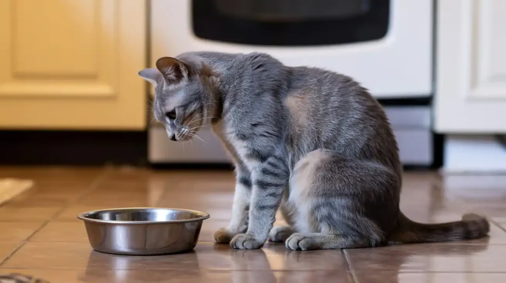 Katze mit Mammatumor sitzt vor Futternapf