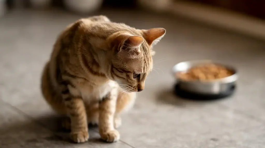 Katze mit Krebs sitzt neben Futternapf