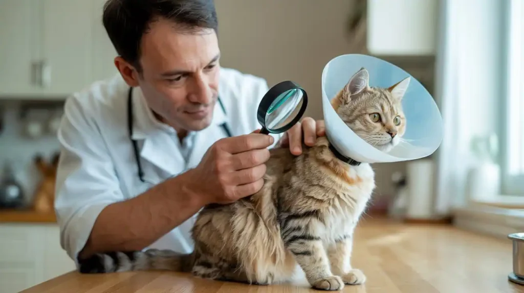 Katze mit Trichter um den Hals wird auf Tumor und Warzen untersucht