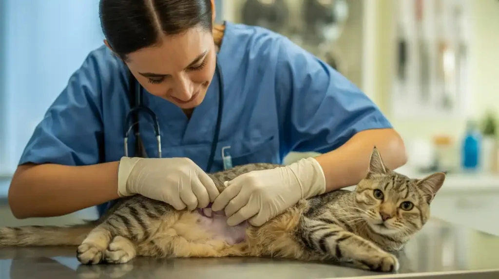 Tierarzt untersucht Mammatumor einer Katze