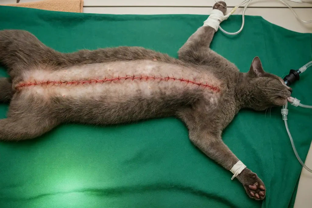 Katze mit Mammatumor am Operationstisch