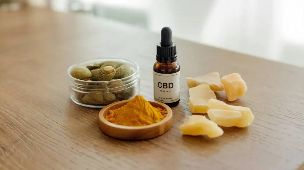 CBD, Weihrauch und Kurkuma stehen auf einem Tisch