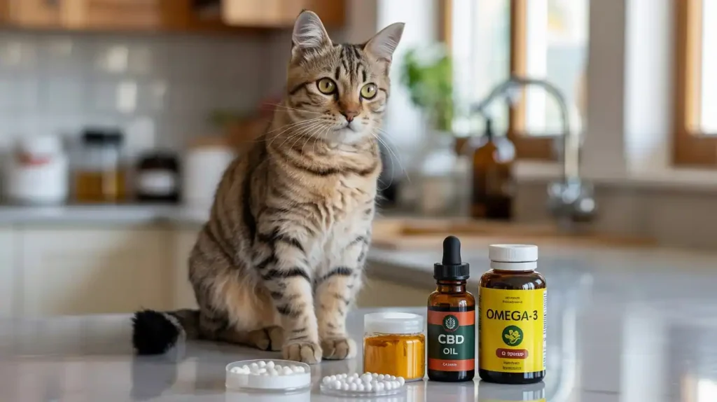 Katze mit Krebs sitzt vor alternativen Heilmitteln