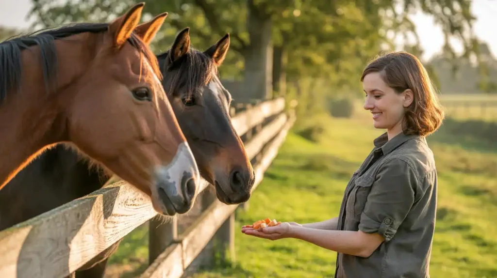 Weidenrinde wird von Frau an Pferde gefüttert