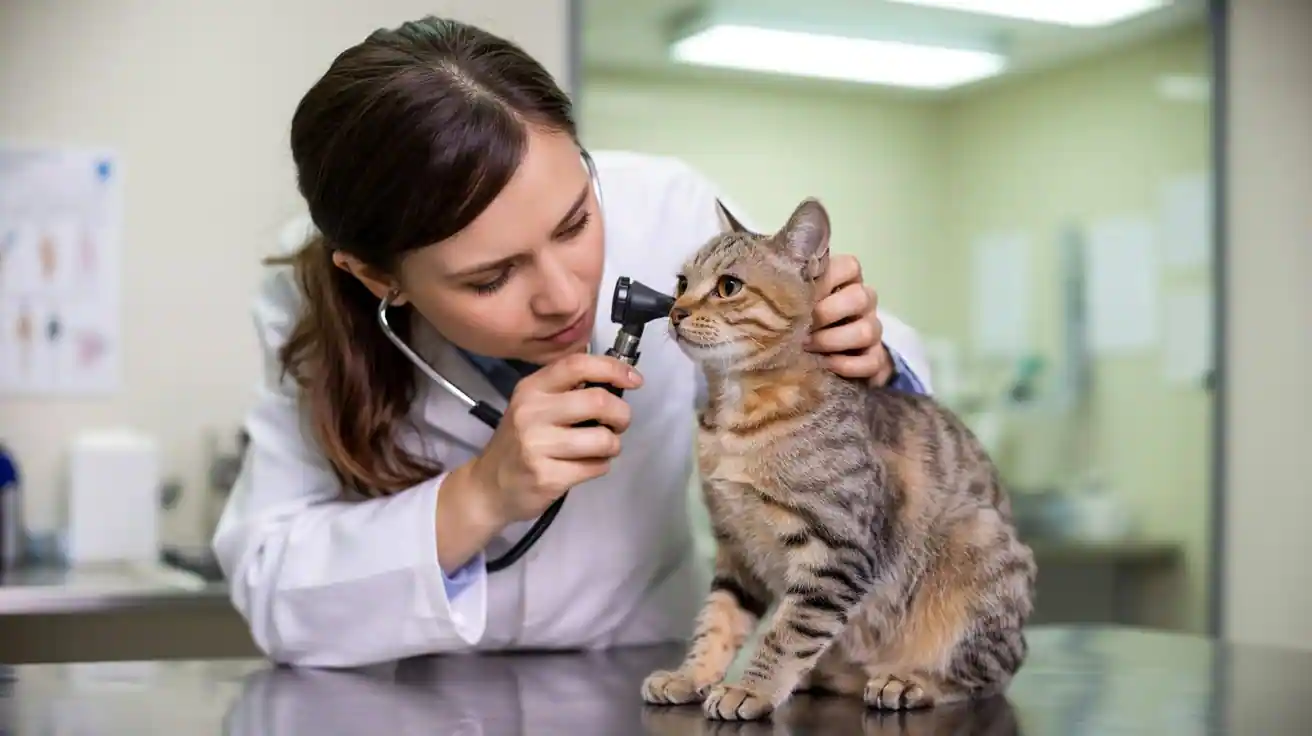 Katze mit Basalzelltumor wird von Tierärztin untersucht