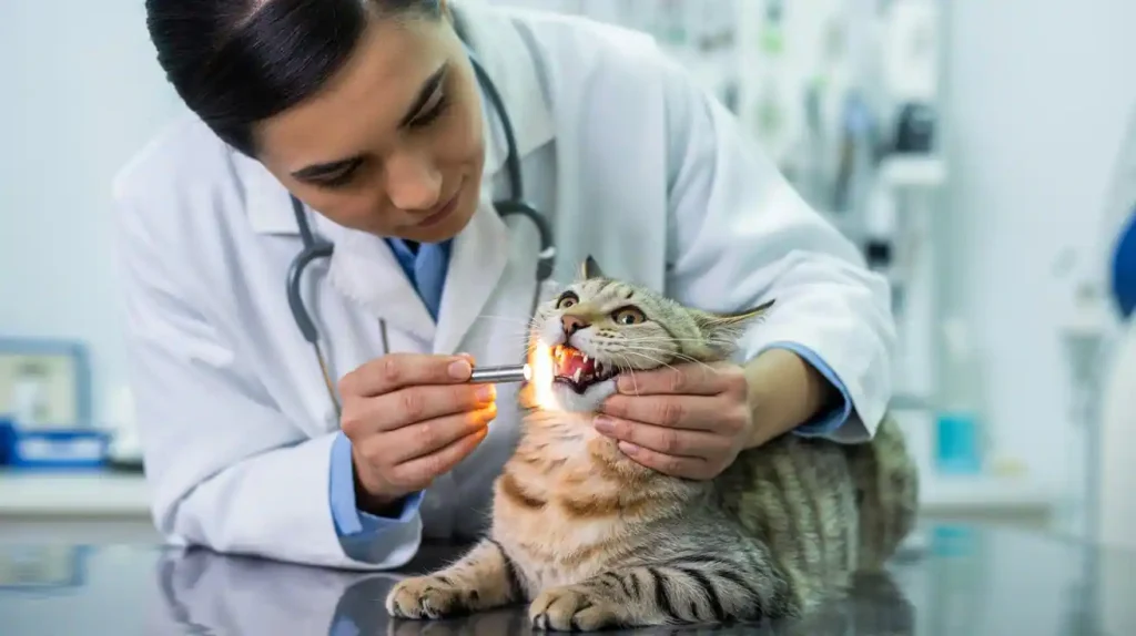 Katze mit Tumor im Maul wird vom Tierarzt untersucht