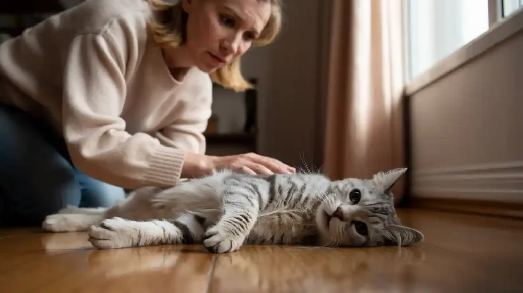 Katze mit Hämangiosarkom liegt am Boden
