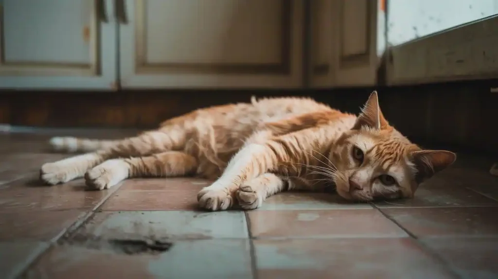 Katze mit Leukose liegt auf Boden