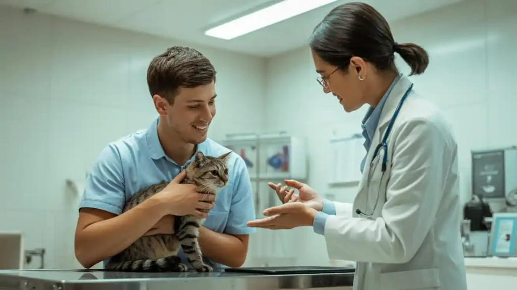 Mann mit Katze beim Tierarzt