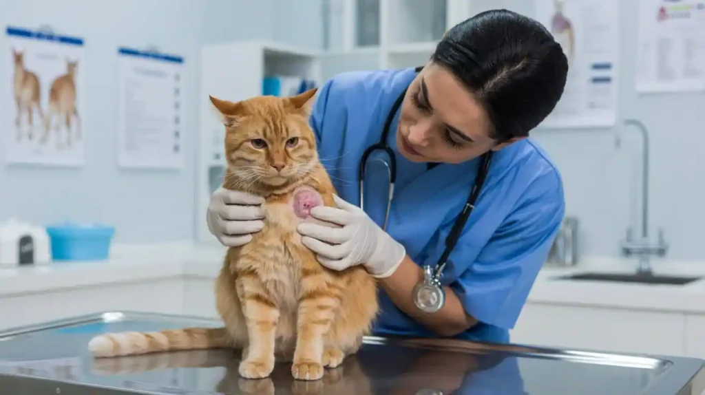 Tierarzt untersucht Katze mit Fibrosarkom
