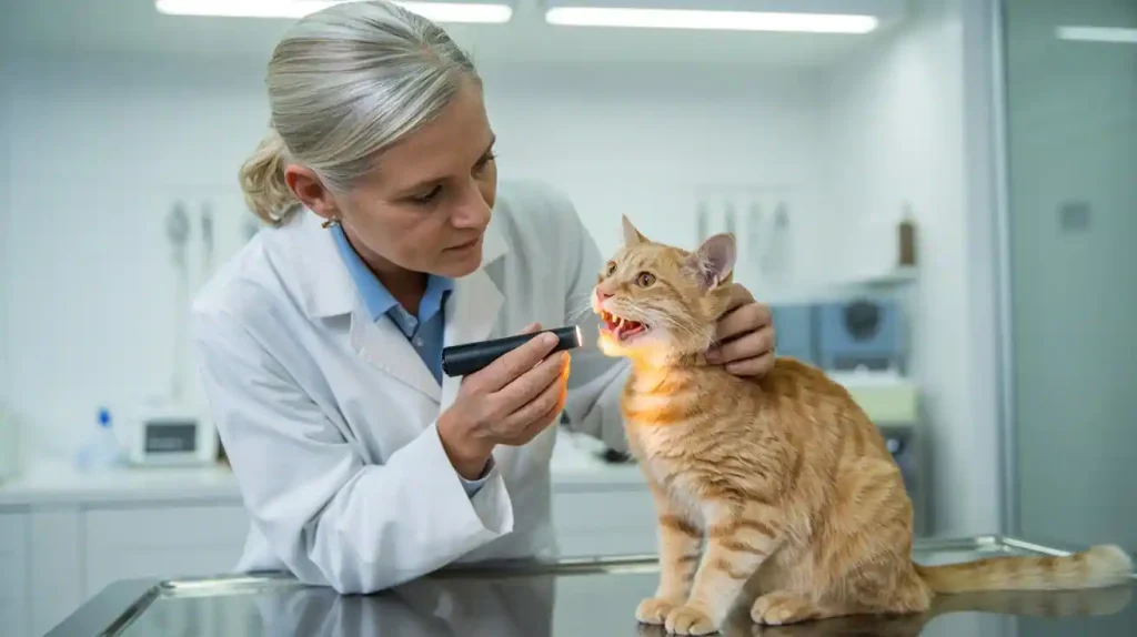 Tierärztin untersucht Maul einer Katze mit Lymphom