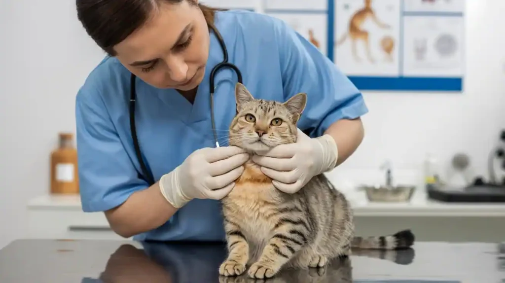 Tierärztin untersucht Schilddrüsentumor bei einer Katze