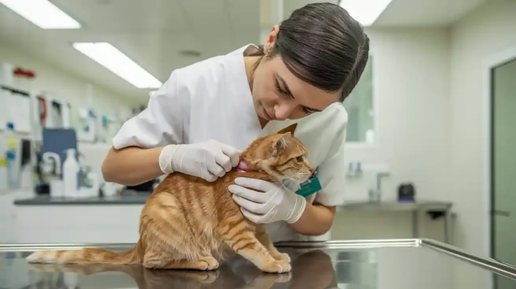Tierärztin untersucht ein Liposarkom an der Katze