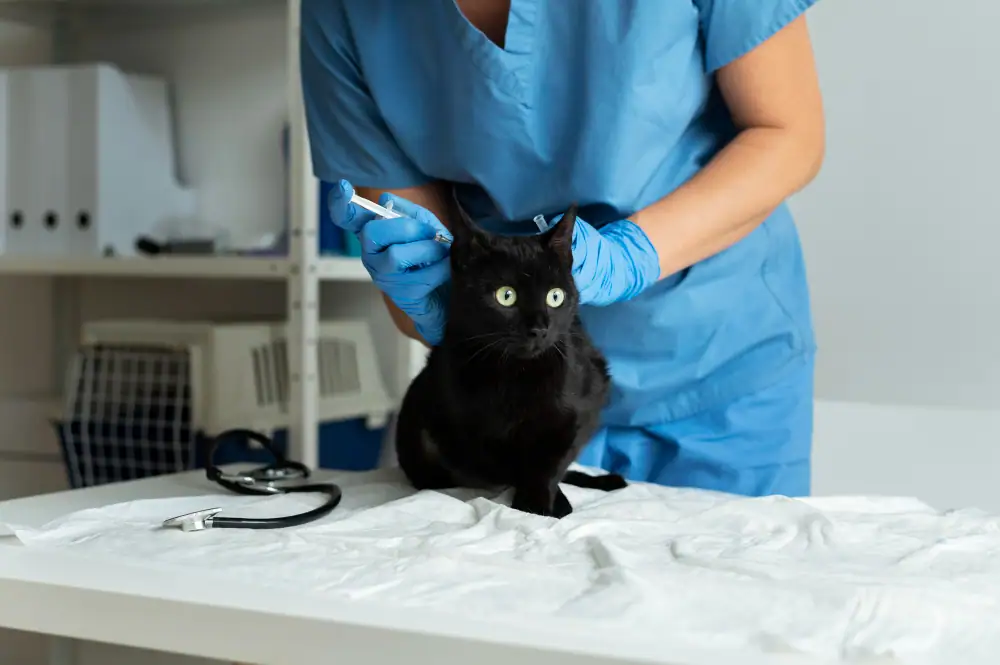 Schwarze Katze mit Krebs wird von Tierarzt untersucht