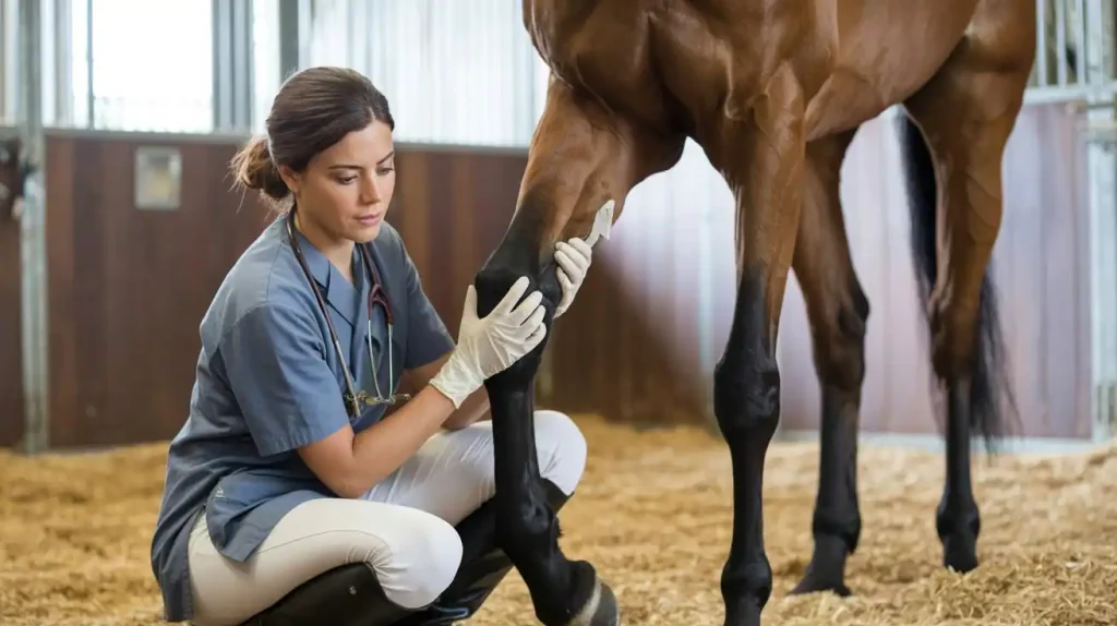 Tierärztin untersucht Mauke beim Pferd