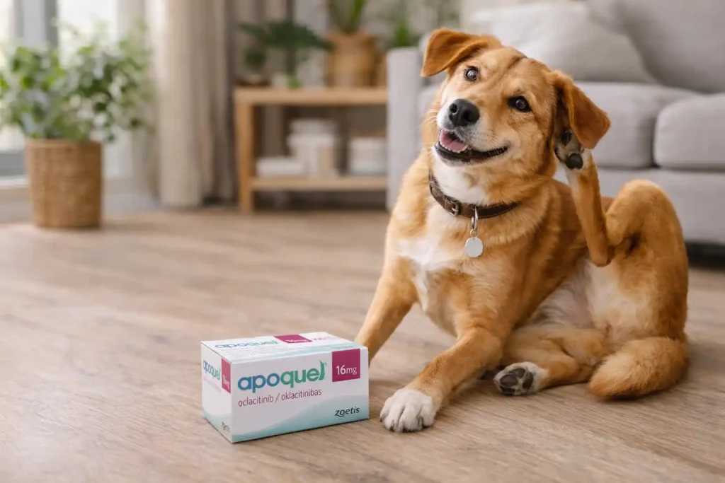Hund sitzt vor einer Apoquel Medikamentenpackung und kratzt sich am Ohr