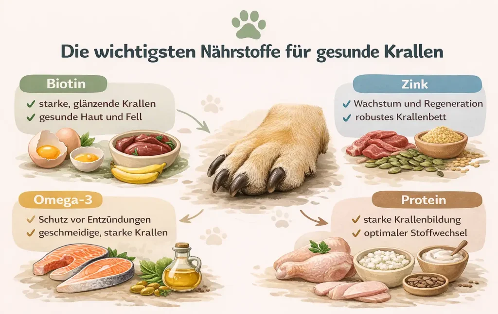 Infografik, die die wichtigsten Nährstoffe für gesunde Krallen zeigt