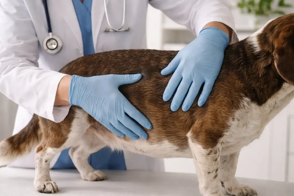 Tierarzt untersucht Magen des Hundes