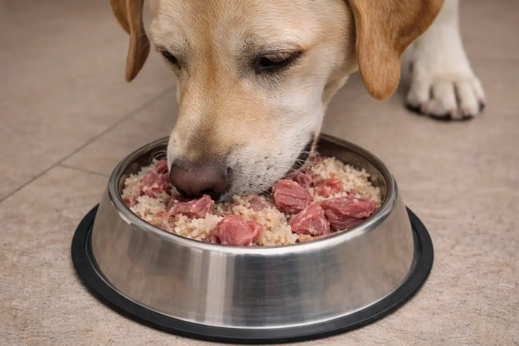 Hund frisst Sauerkraut aus Napf