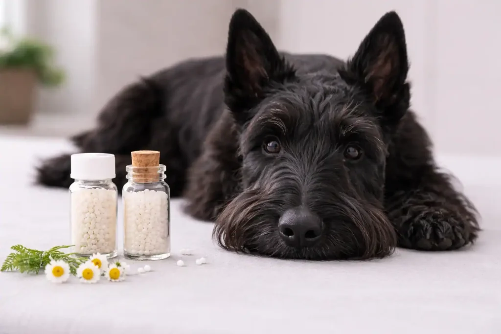 Hund mit Blasenentzündung liegt vor homöopathischen Globuli