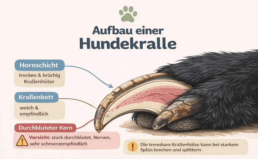 Infografik: Querschnitt einer Hundekralle: Hornschicht, Krallenbett und durchbluteter Kern mit Markierung der Schmerzzone