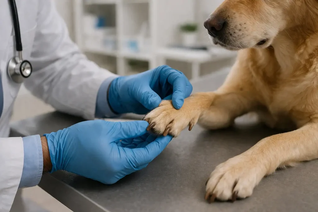 Tierarzt untersucht Krallen des Hundes