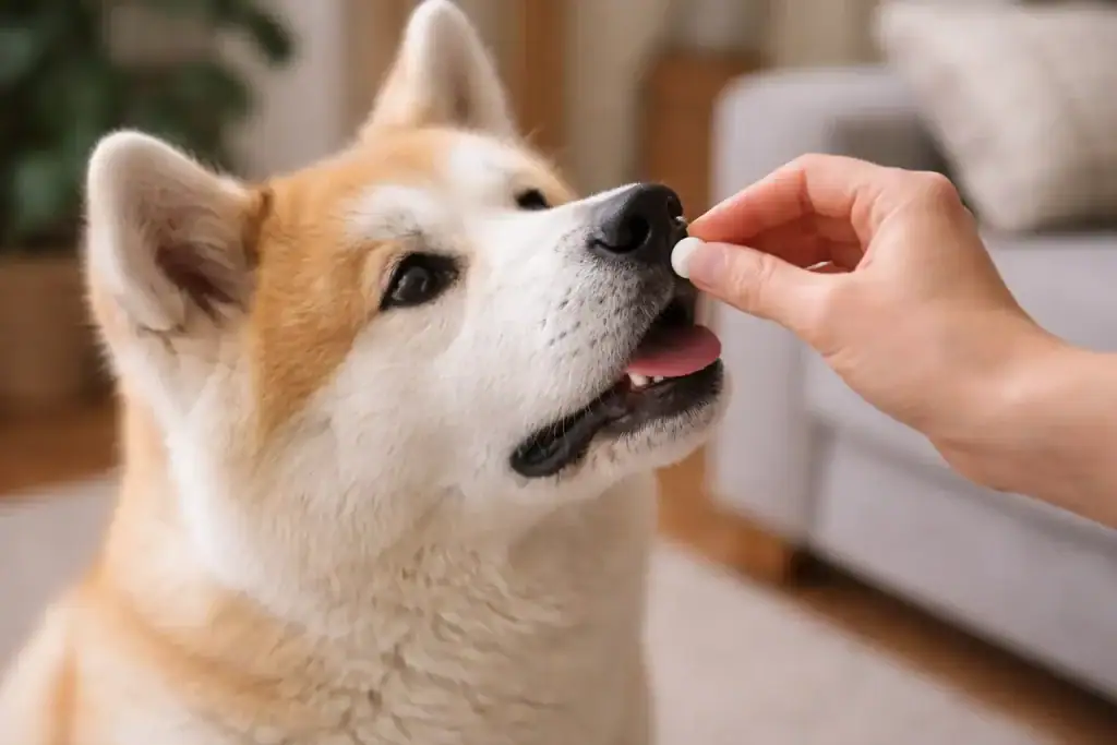 Akita Hund bekommt Pulsatilla D30 Globuli