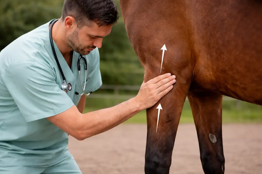 Arzt behandelt Lymphstau beim Pferd