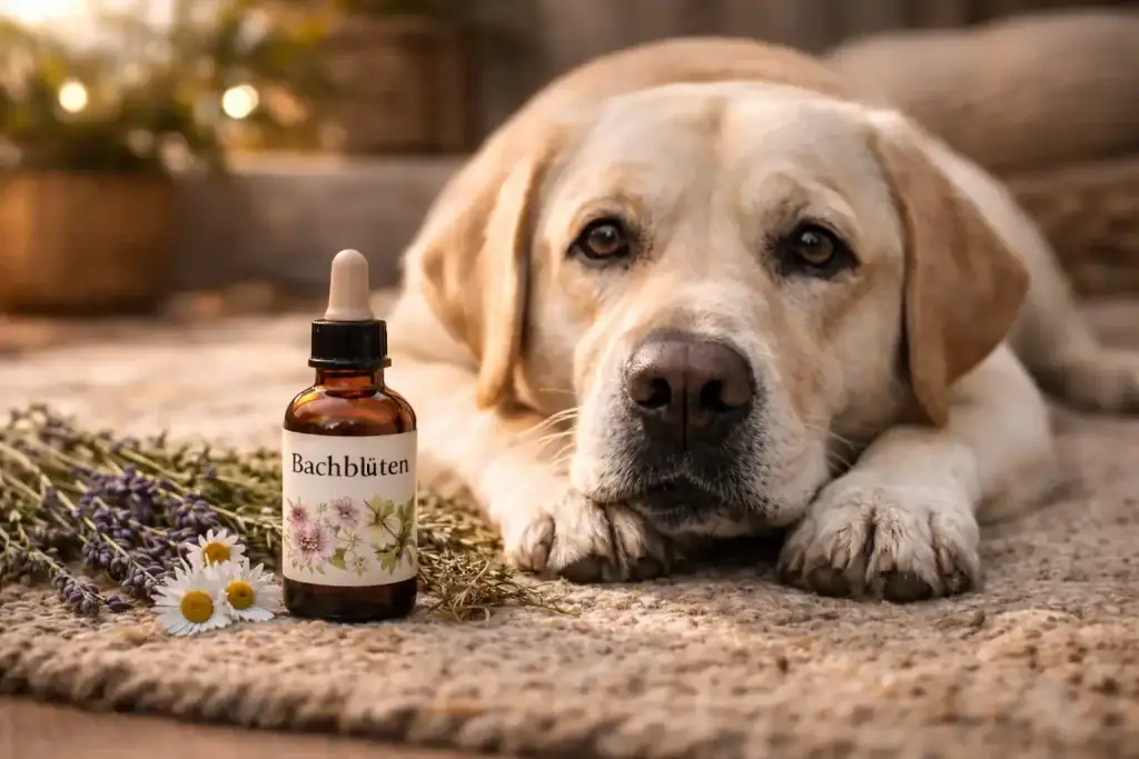 Ängstlicher Hund liegt vor einem Fläschchen Bachblüten