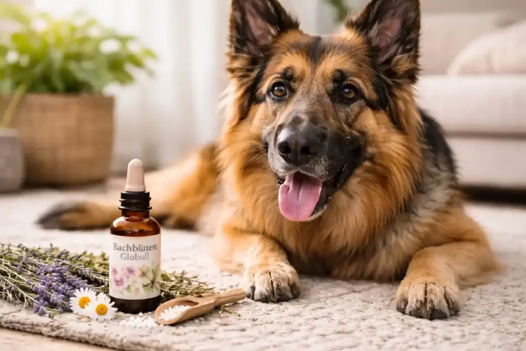 Schäferhund sitzt neben einem Fläschchen Bachblüten und Globuli