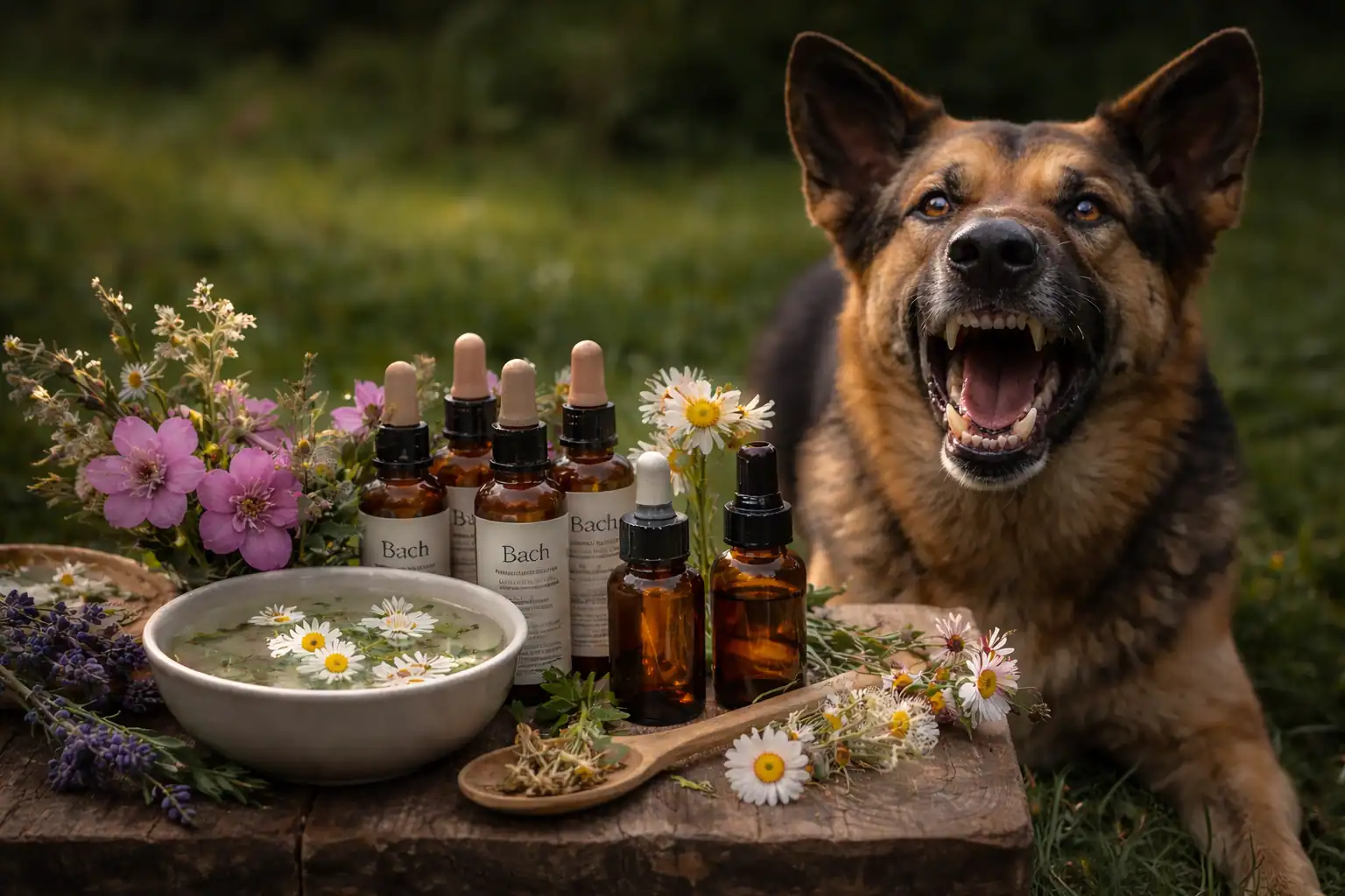 Aggressiver Hund hinter einem Tisch mit Bachblüten
