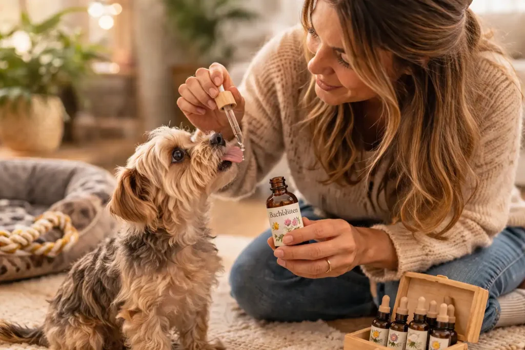 Frau gibt kleinem Hund Bachblüten gegen Angst