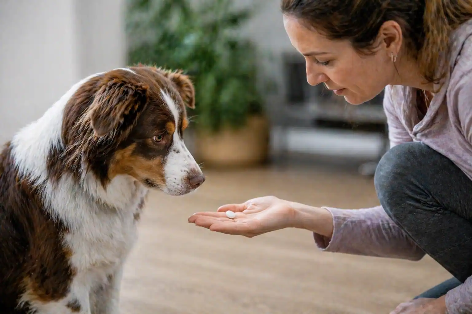 Frau gibt Hund Vermiculite D6 Tablette