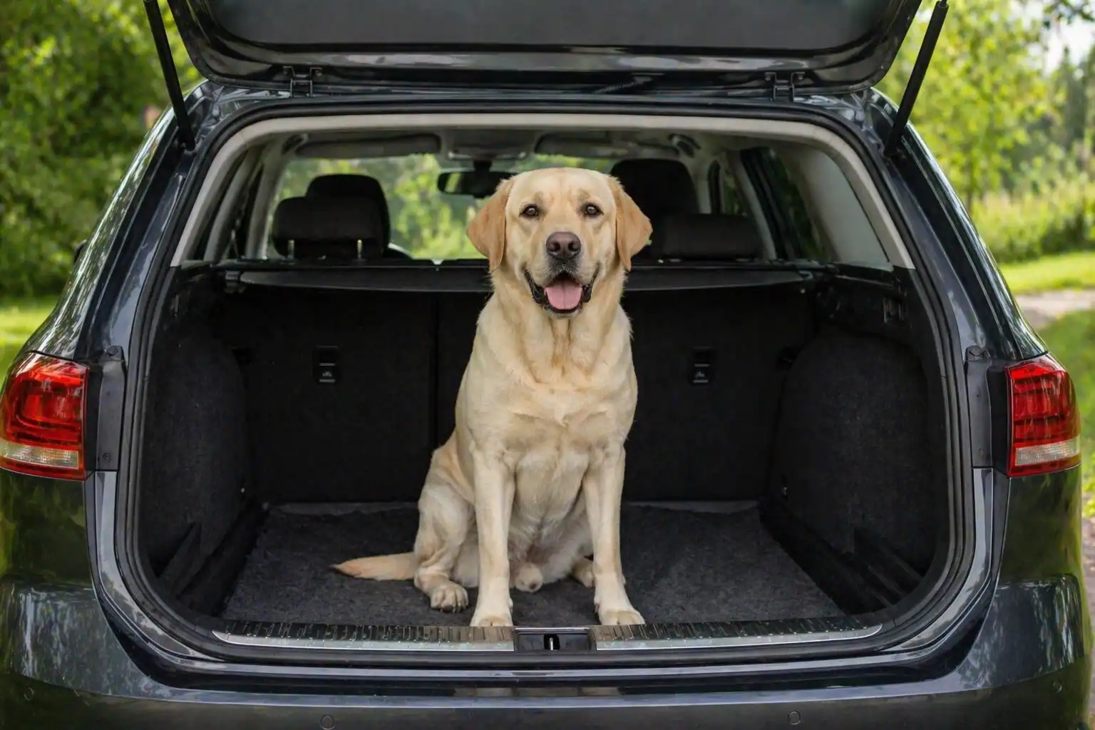 Hund sitzt in geöffnetem Kofferraum
