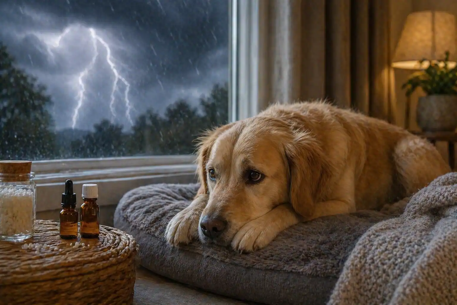 Homöopathische Globuli neben einem Hund mit Gewitterangst