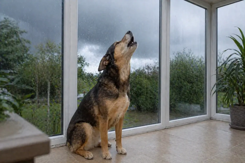 Hund sitzt mit Angst vor dem Gewitter im Wintergarten