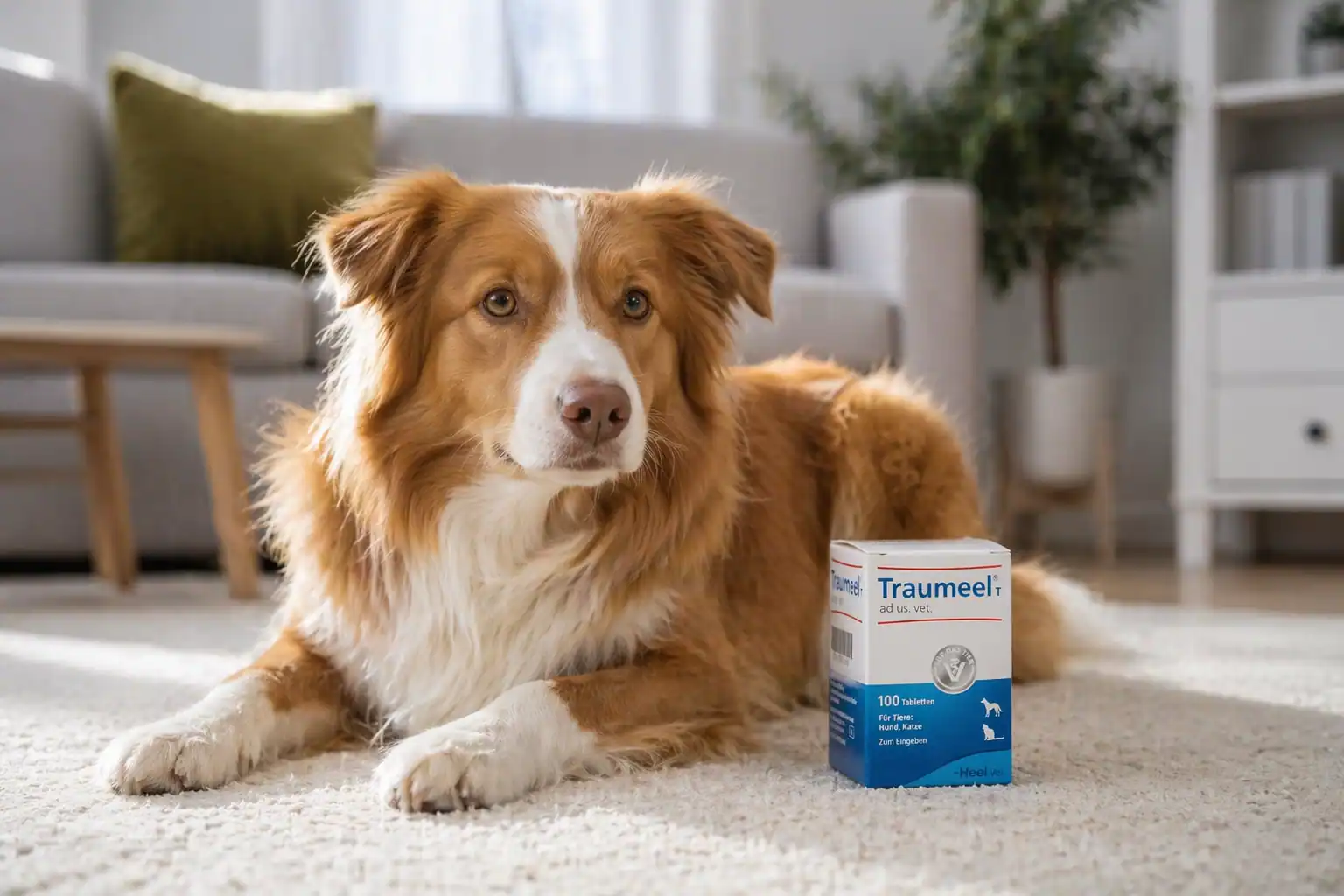 Hund sitzt neben Packung Traumeel