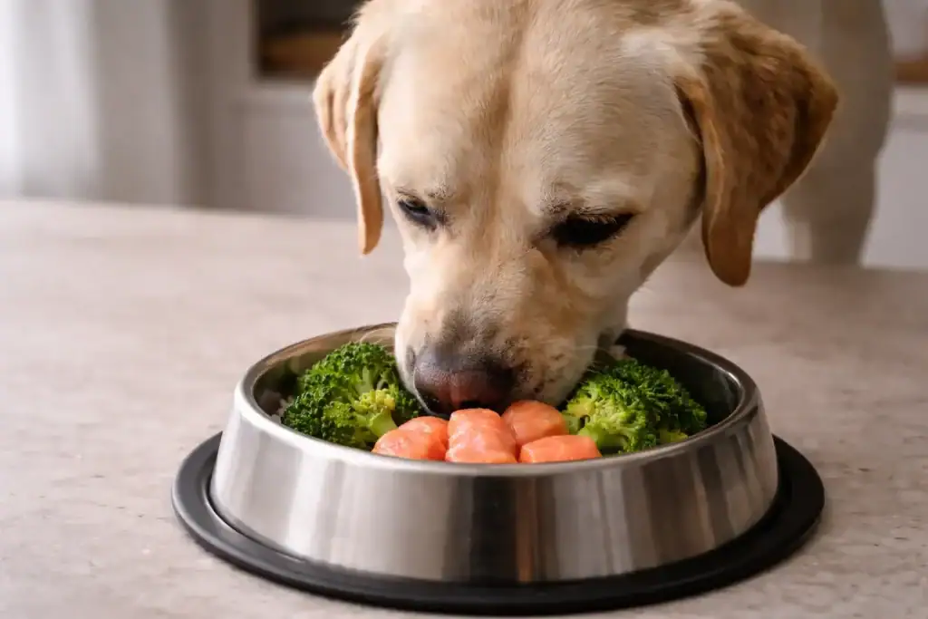 Hund mit Epilepsie frisst ketogenes Futter (Lachs und Brokkoli)