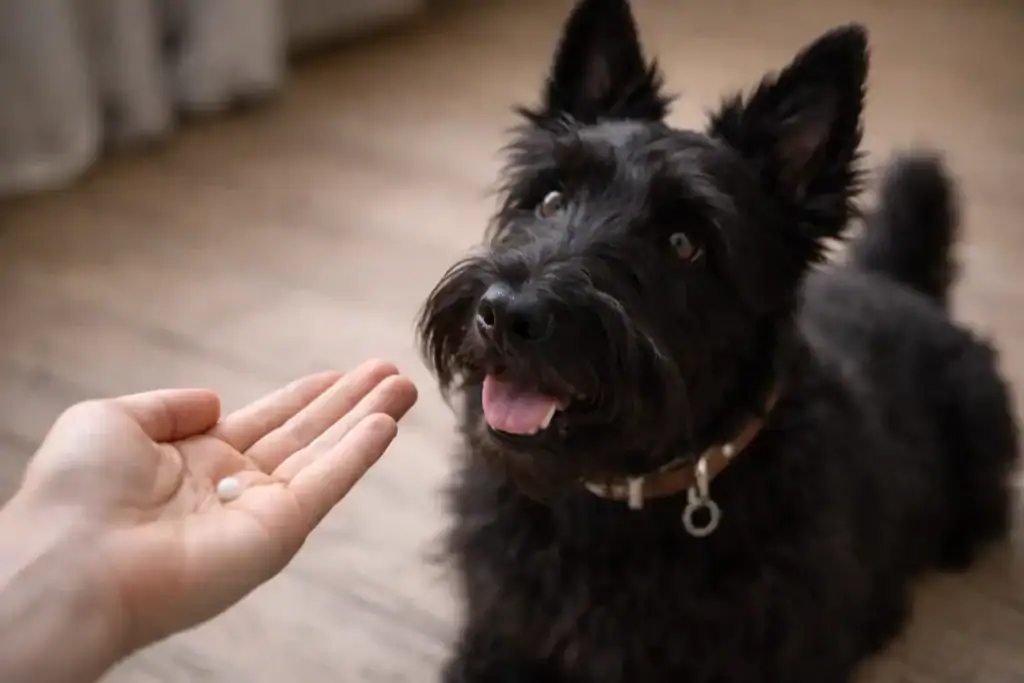 Mann gibt seinem Hund Rhus toxicodendron Globuli