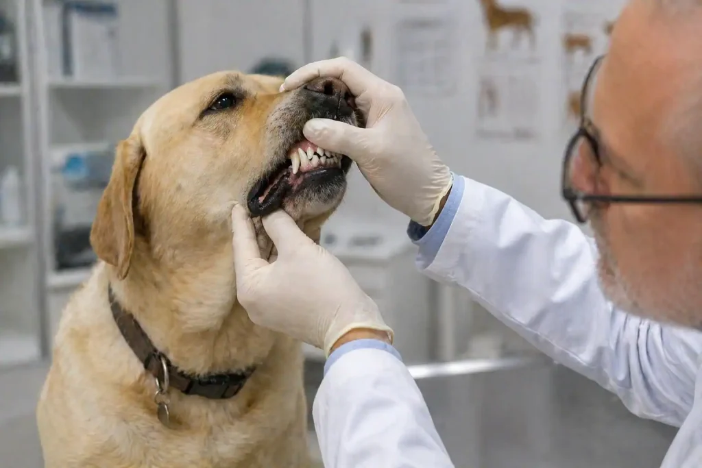 Tierarzt untersucht Hund mit Zahnstein