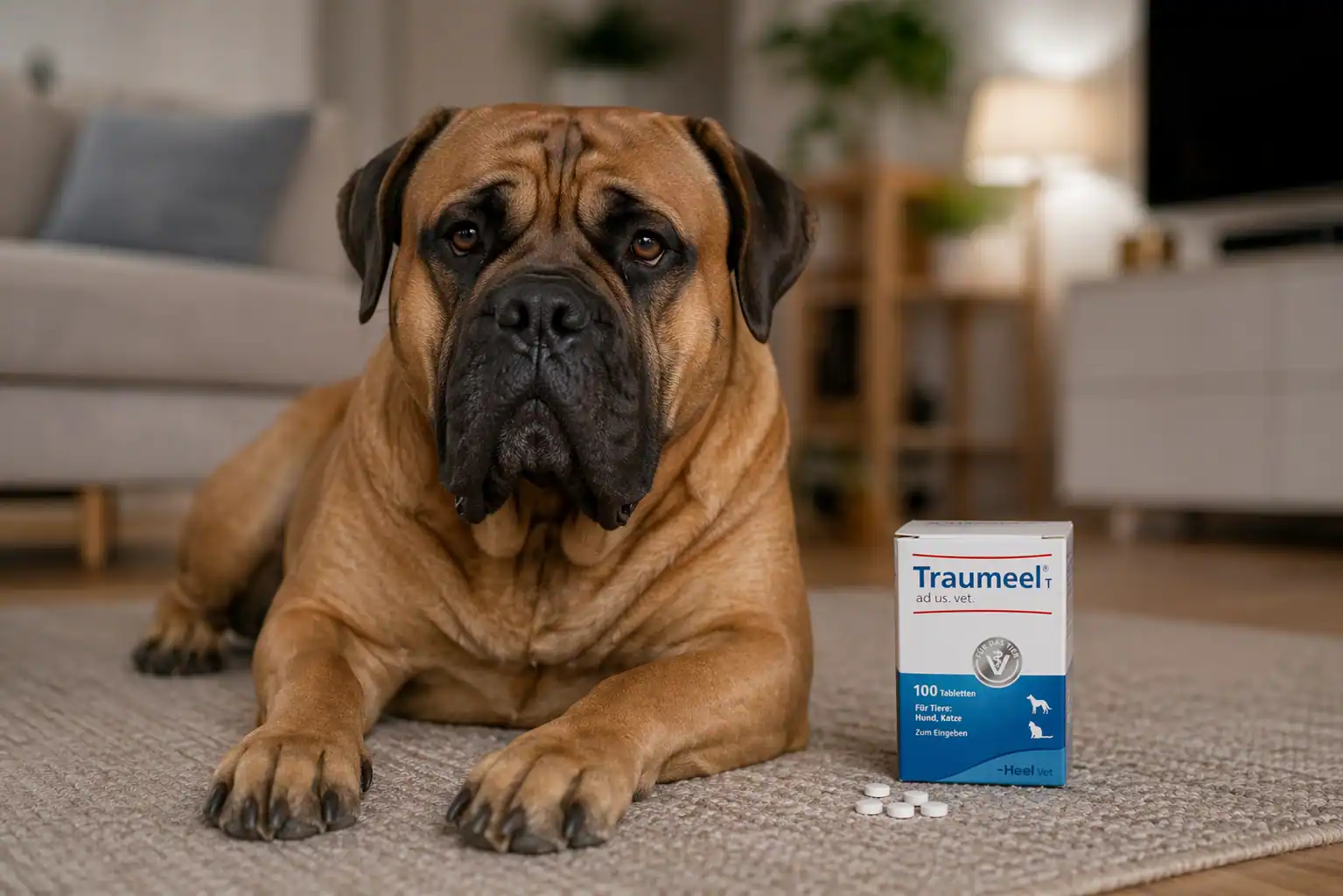 Hund liegt neben einer Packung Traumeel und ein paar Tabletten