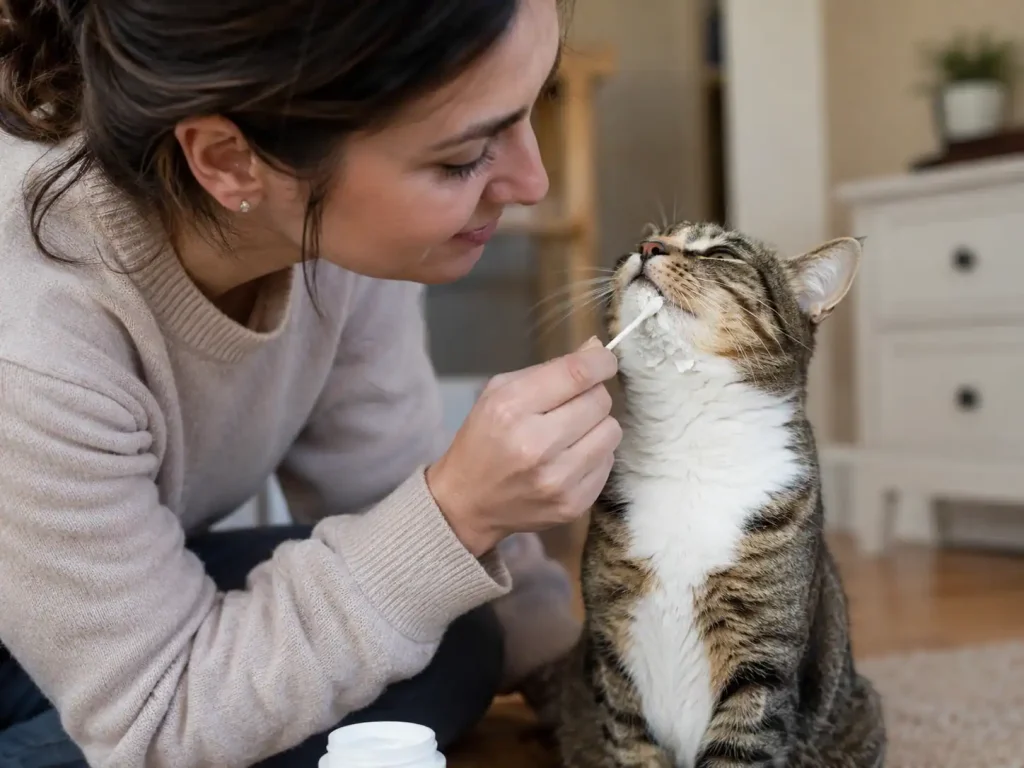 Frau schmiert die Kinnakne einer Katze mit einem Hausmittel ein