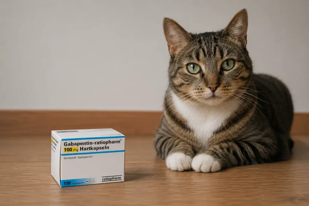 Katze sitzt neben einer Packung Gabapentin